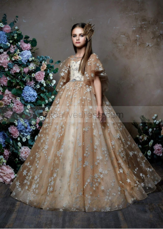 Flutter Sleeves Star Lace Tulle Keyhole Back Flower Girl Dress Flutter Sleeves Star Lace Tulle Keyhole Back Flower Girl Dress